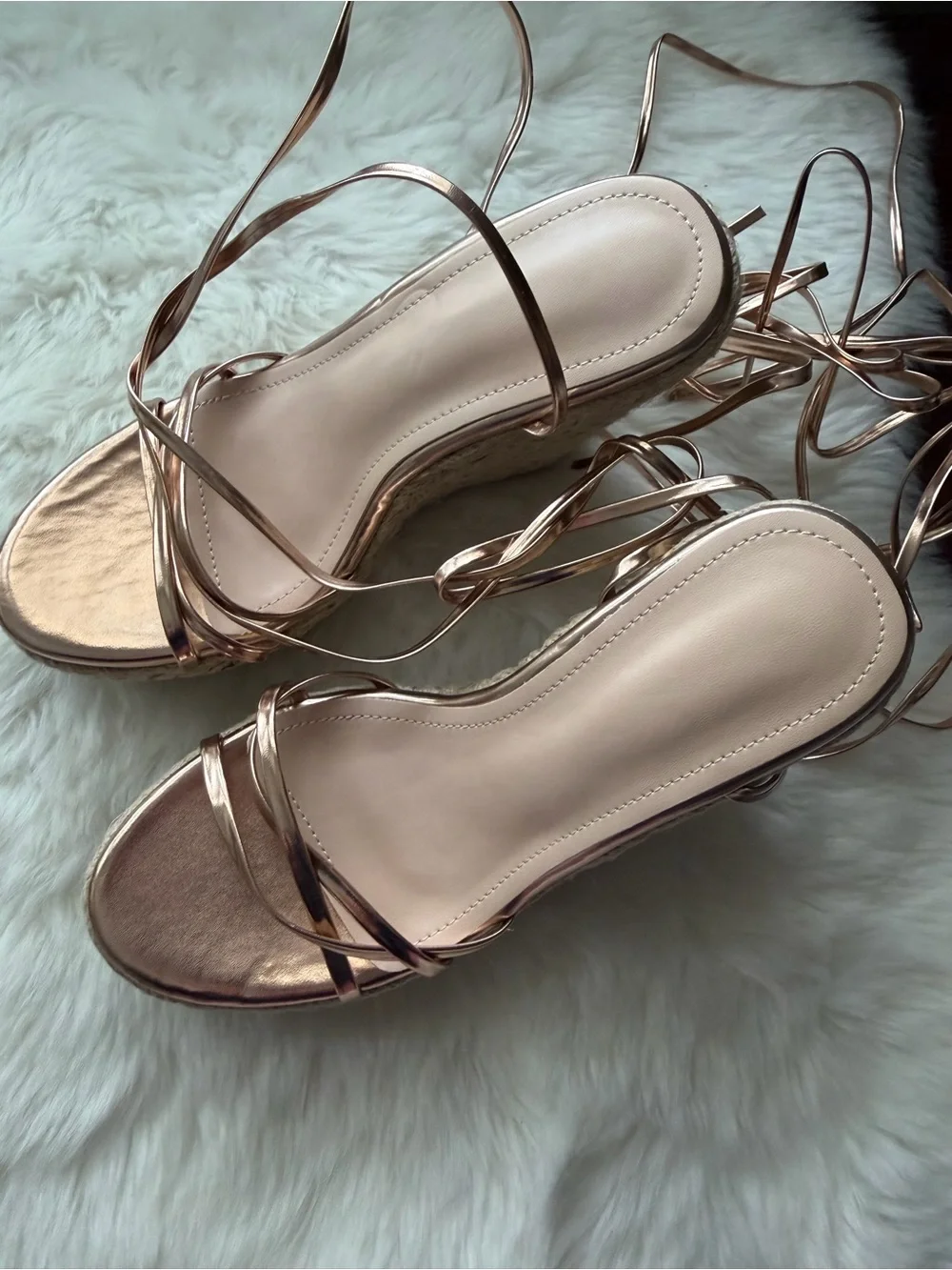 New! Aldo Metallic Rose Gold Espadrille Lace-Up Wedge Sandals